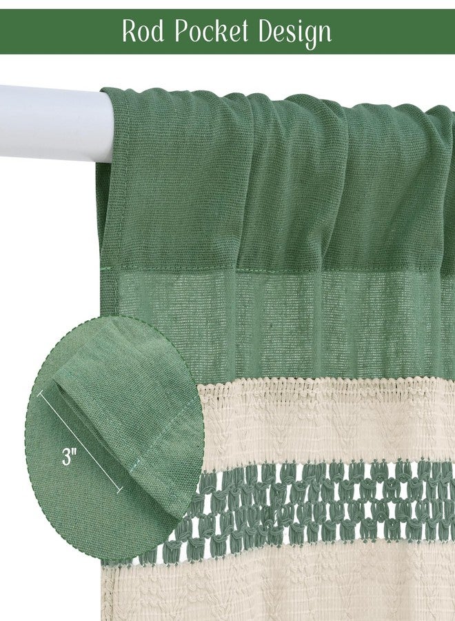 FRAMICS Farmhouse Linen Kitchen Curtains 36 Inch Length Green Striped Short Curtain for Windows Boho Crochet Small Window Curtains for Kitchen Rod Pocket Tier Curtain for Bathroom, Cafe, 2 Panels - Image 5